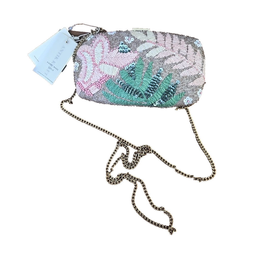 NEW Antik Kraft Embroidered Leaves Sequin Beaded Box Clutch‎ Crossbody Bag Purse
